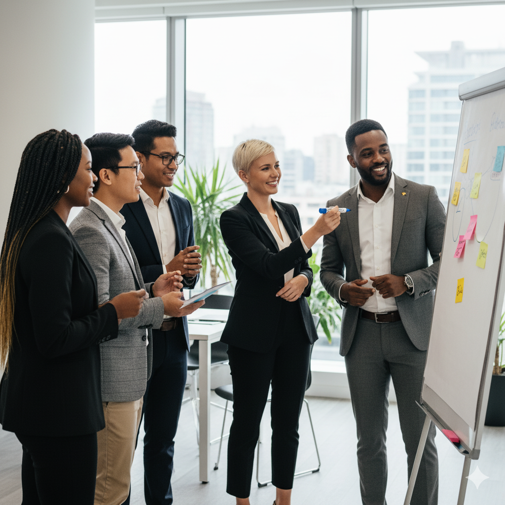 Professional team collaborating in a modern office environment, representing teamwork and partnership